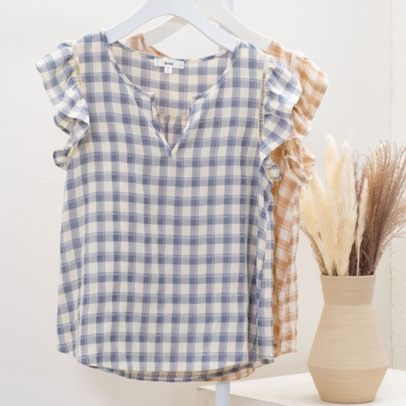 Navy Flutter Sleeve Gingham Check Blouse